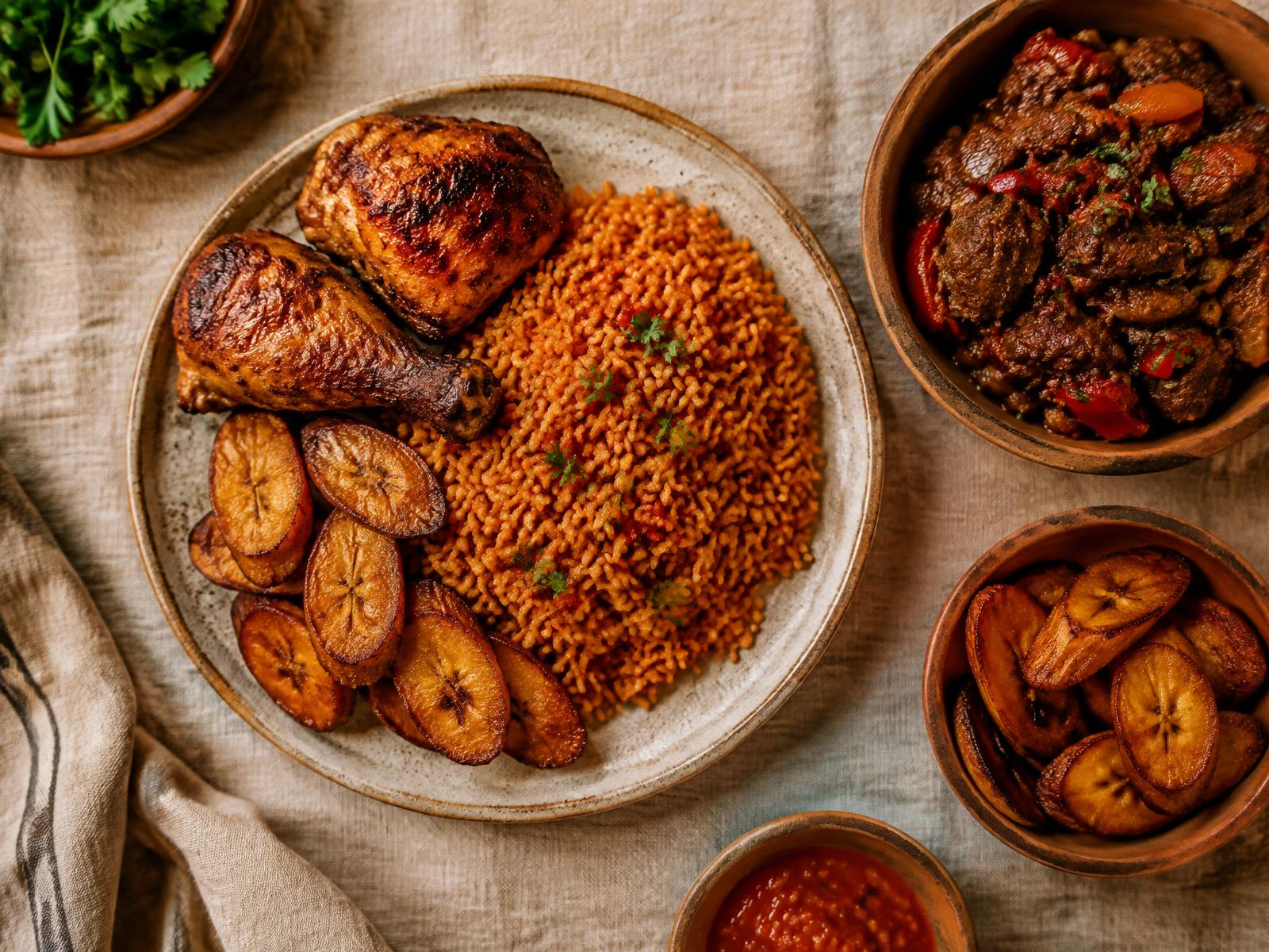 Nigerian jollof rice, golden plantain and grilled chicken