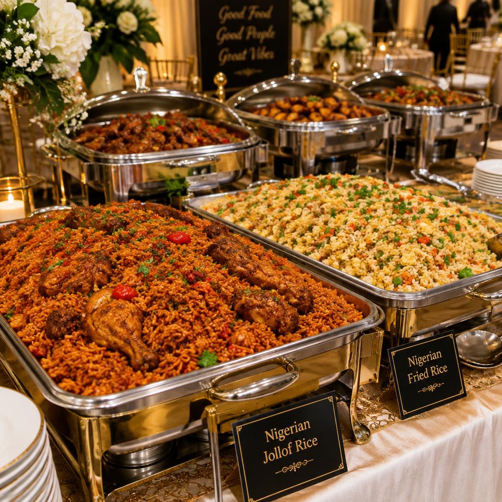 Illustrative Nigerian catering trays and a generously set table